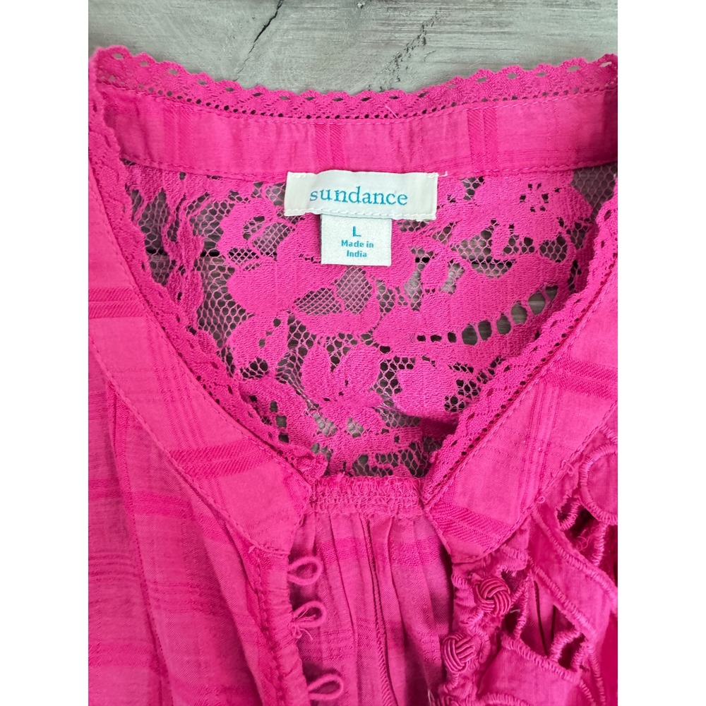 Sundance Garbo Pink Lace Patchwork Blouse Fuchsia Eyelet Button Front Top Large - Picture 6 of 8